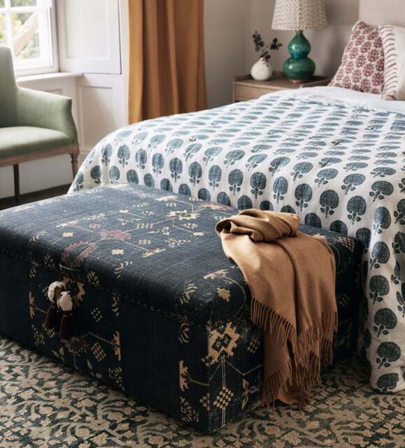 OKA, Achamore Upholstered Cotton Storage Ottoman - Navy, Ottoman - image 1
