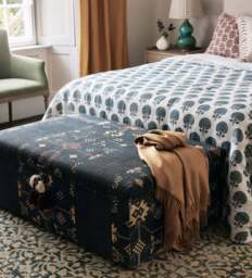 OKA, Achamore Upholstered Cotton Storage Ottoman - Navy, Ottoman - thumbnail 1