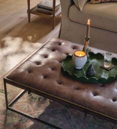 OKA, Wallace Leather Ottoman - Aged Hazelnut, Ottoman