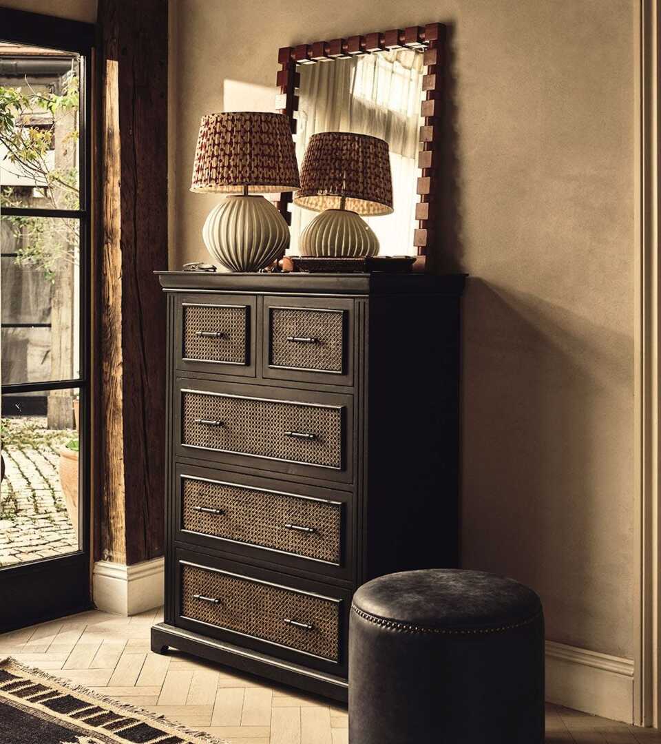 Casterton Black Stool Dressing Table OKA, Large Bayuban Chest Of