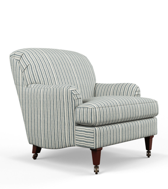 OKA, Small Coleridge Armchair with Linen Fixed Cover Ticking Stripe Perfect Navy, Armchairs, Fabric