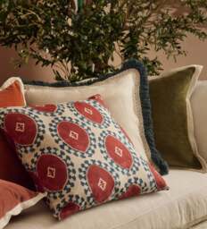 OKA, Elspeth Cushion Cover with Fringing - Natural/Air Force Blue, Cushion Cover