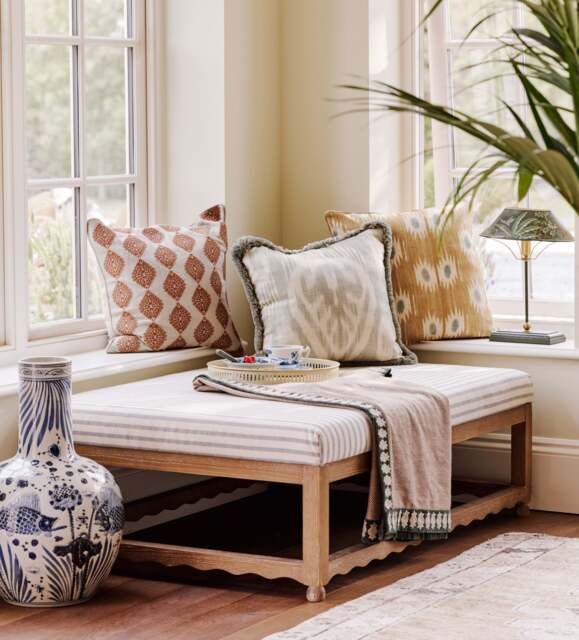 OKA, Kerensa Linen Ottoman - Burnt Oak/Sapphire, Ottoman - image 1