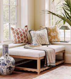 OKA, Kerensa Linen Ottoman - Burnt Oak/Sapphire, Ottoman