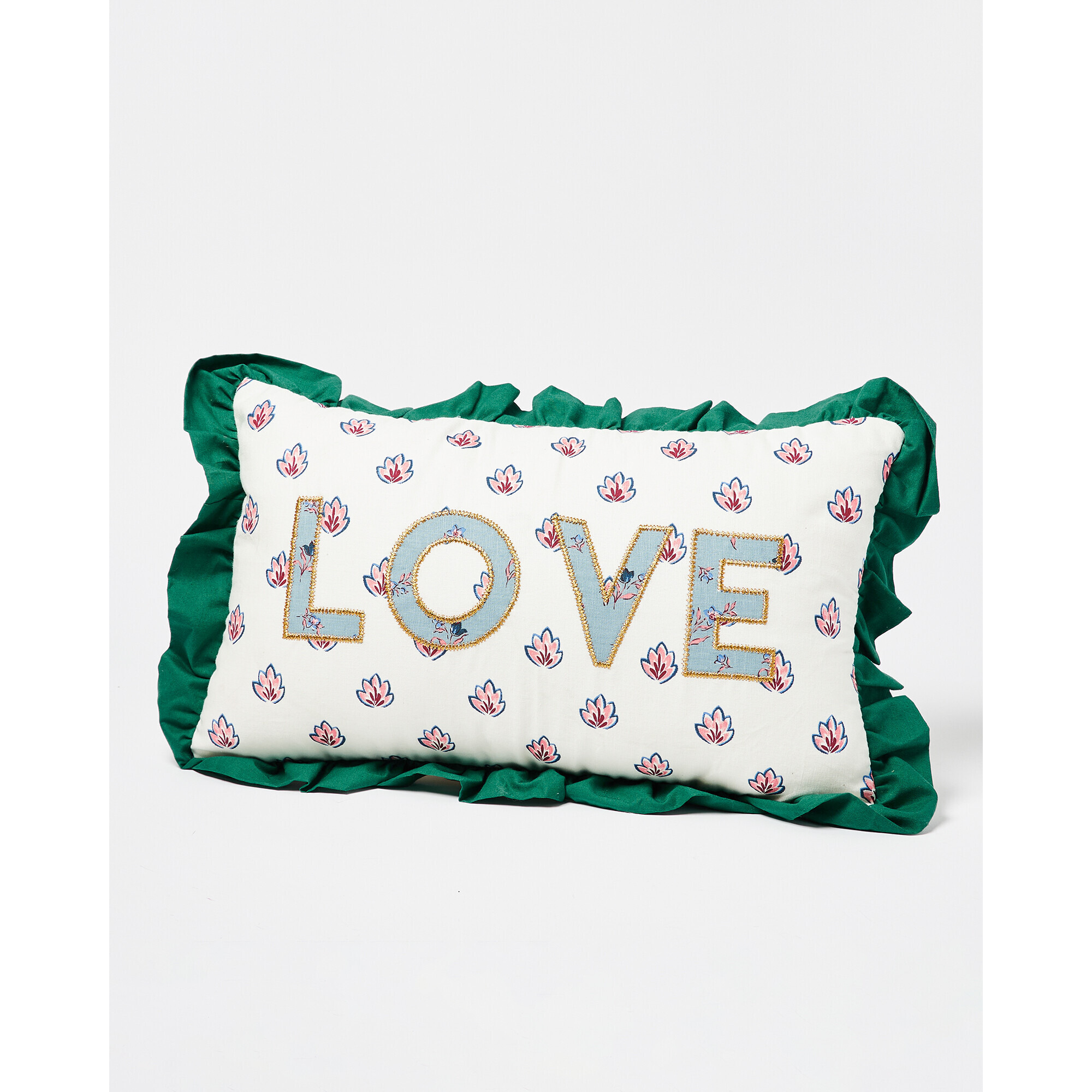 Love Frilled Green Cotton Cushion Cover