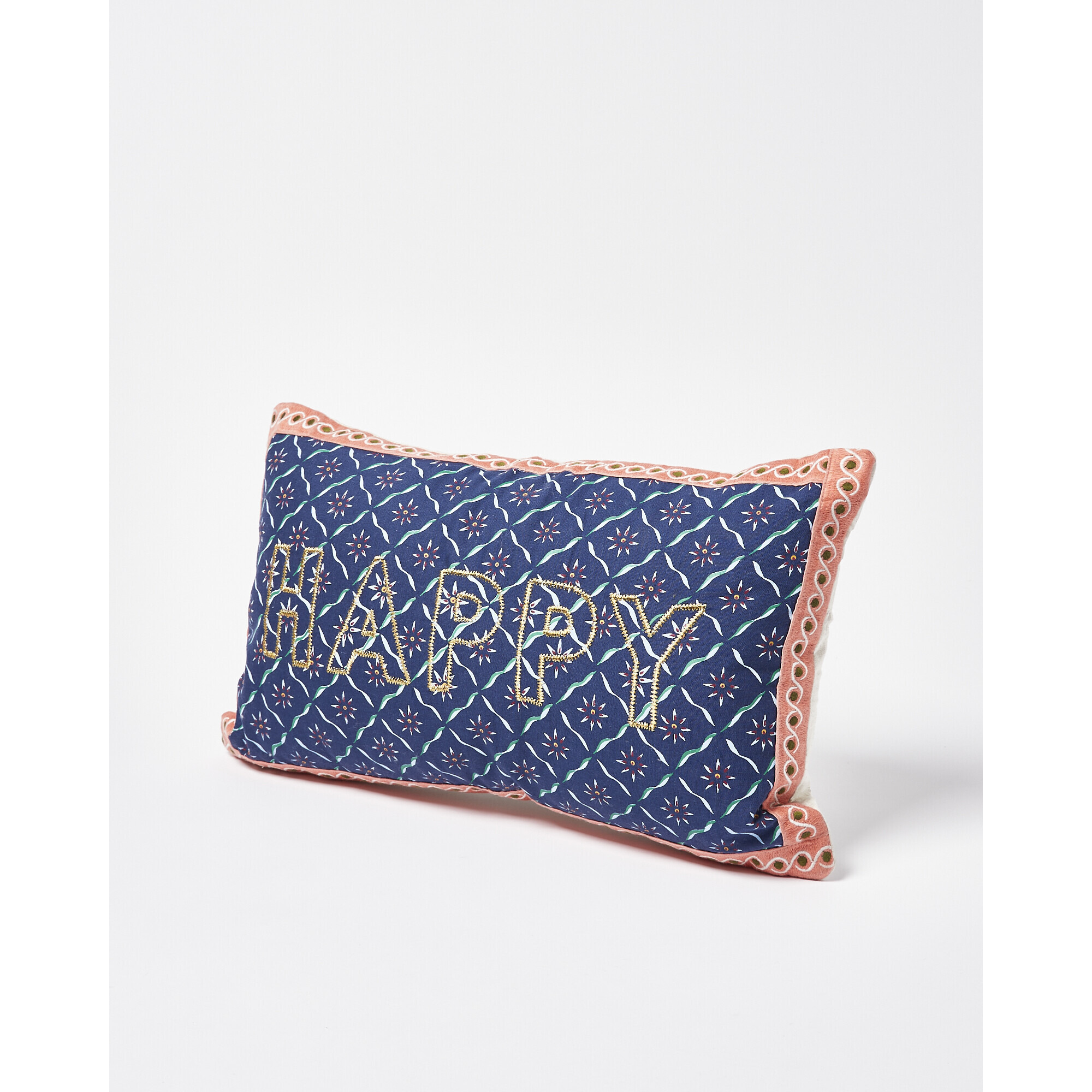 Happy Embroidered Blue Cotton Cushion Cover
