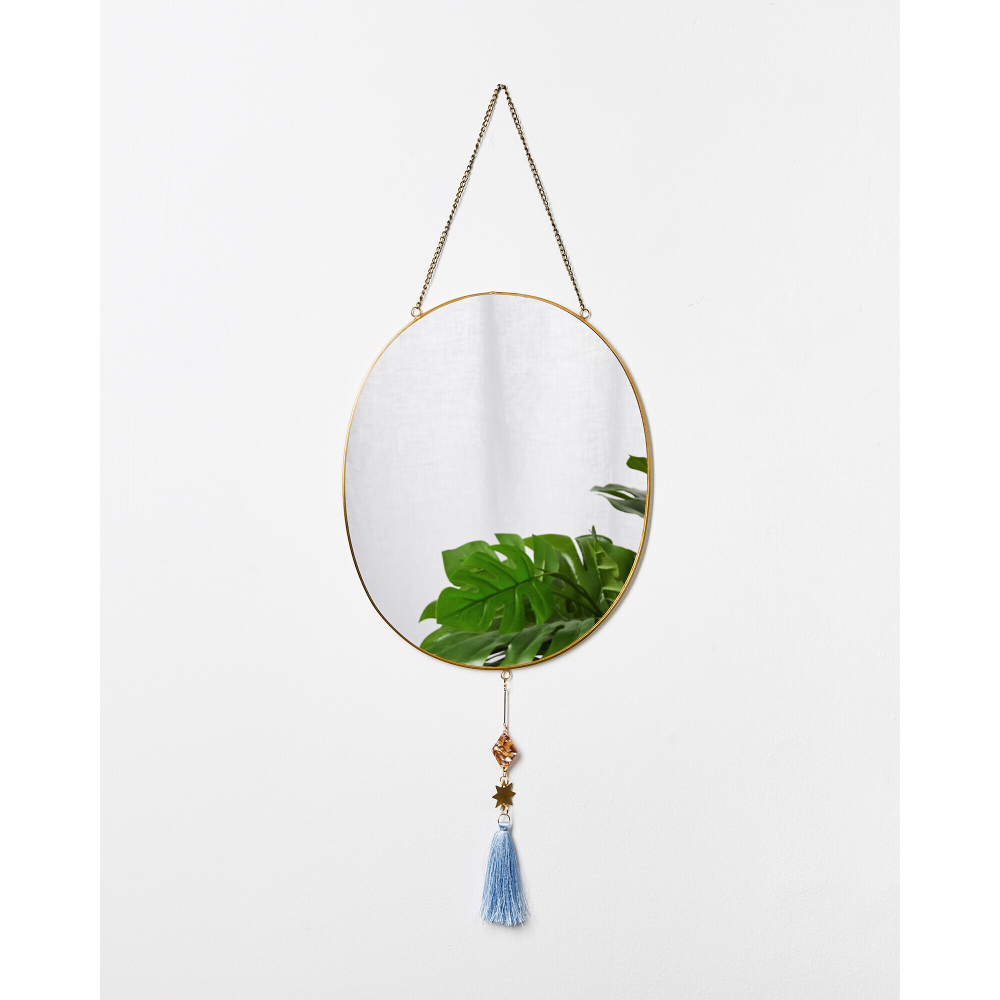 Hanging Blue Tassel Embellished Oval Wall Mirror
