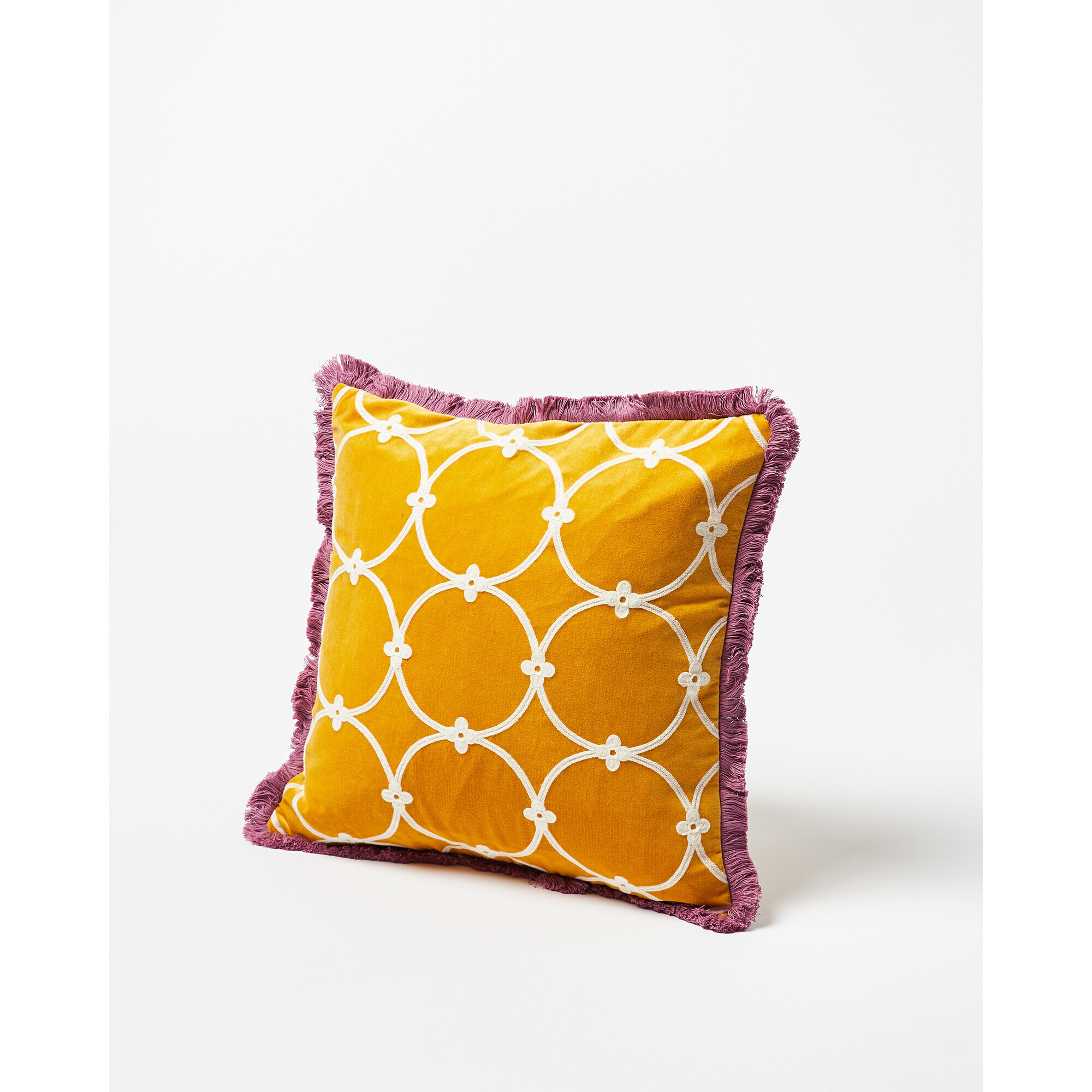 Embroidered Loop Yellow Velvet Cushion Cover