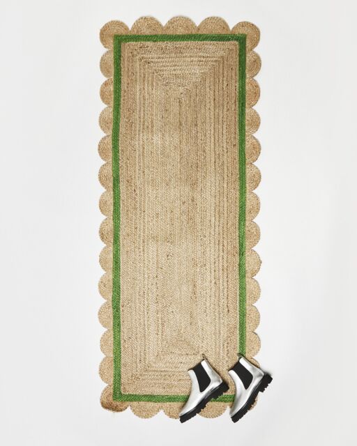 Scalloped Jute Green Border Runner Rug 200x80cm