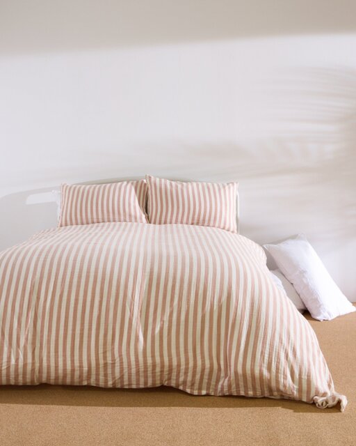 Pink Muslin Striped Cotton Duvet Cover Set Super King