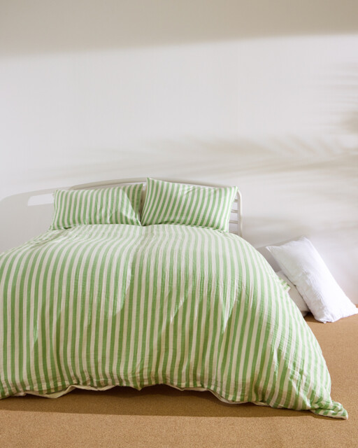 Green Muslin Striped Duvet Cover Set King