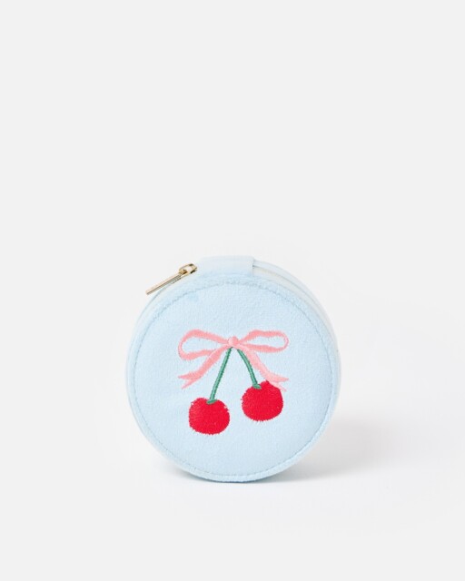 Cherries & Bow Blue Round Jewellery Box