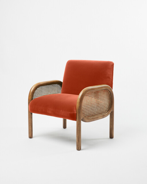 Loha Coral Orange Velvet & Rattan Armchair