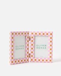 "Agnes Burnt Orange & Pink Check Double Picture Frame 4x6"""