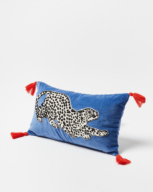 Leopard Embroidered Blue Velvet Cushion Cover