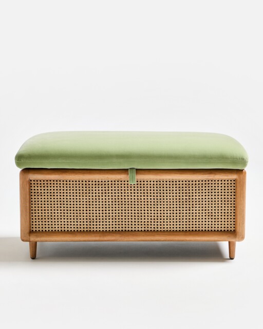 Loha Light Green Velvet & Rattan Ottoman