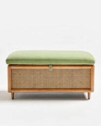 Loha Light Green Velvet & Rattan Ottoman