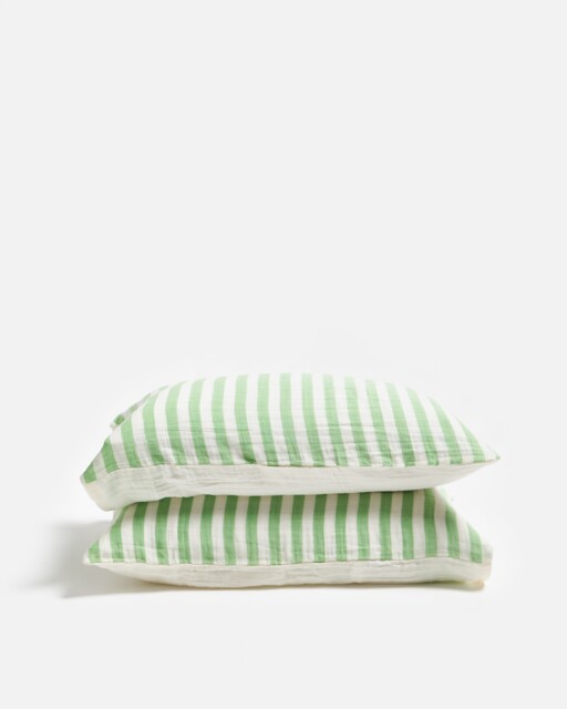 Green Muslin Striped Pillowcases Set of Two
