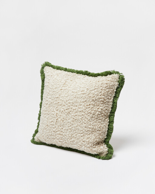 Boucle Green Fringed Cream Cushion Cover 45x45cm