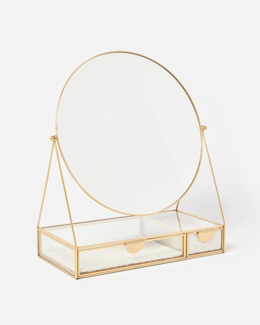 Gold Tone & Glass Cream Boucle Dressing Table Mirror