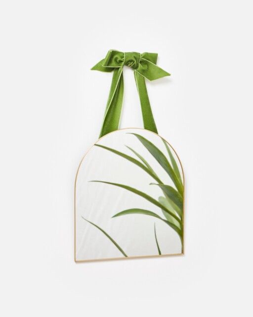 Green Velvet Bow Hanging Gold Mirror
