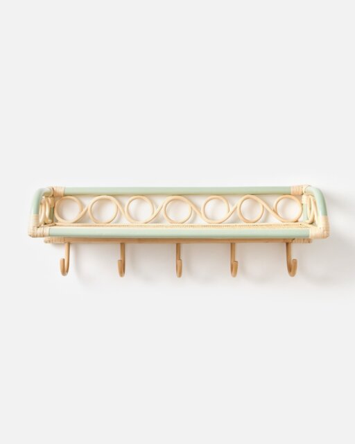 Vero Sage Green Rattan Wall Shelf & Hooks