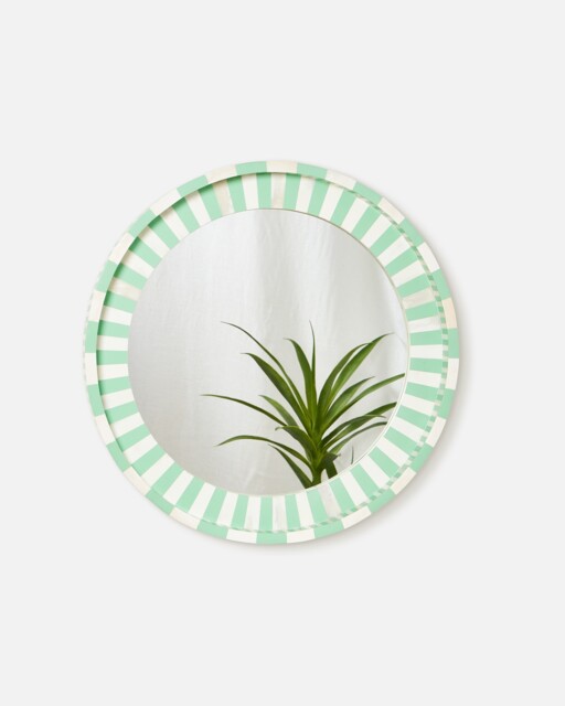 Azul Green & White Stripe Large Round Mirror