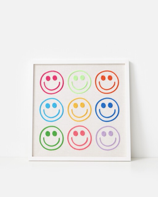 Embroidered Happy Faces Framed Wall Art