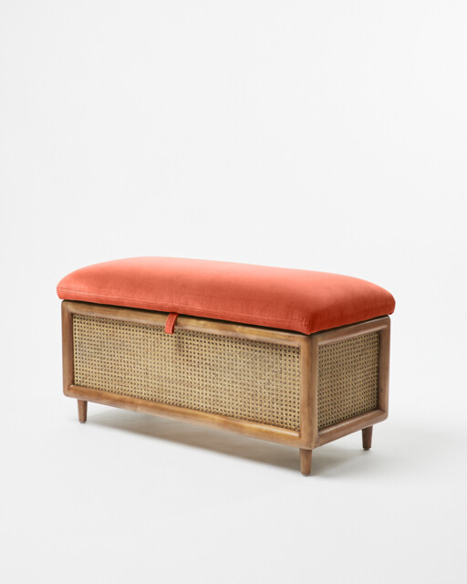 Loha Coral Orange Velvet & Rattan Ottoman