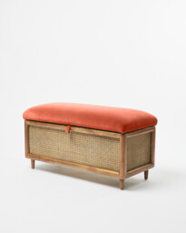 Loha Coral Orange Velvet & Rattan Ottoman