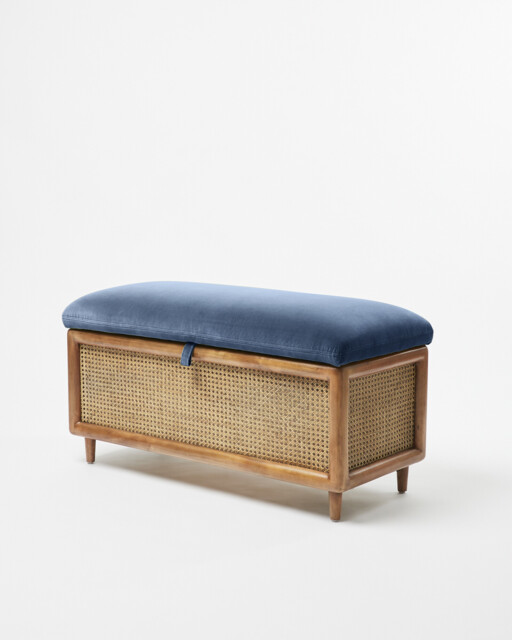 Loha Azure Blue Velvet & Rattan Ottoman