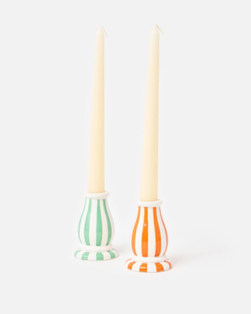 Green & Orange Striped Ceramic Candle Holders Set of Two