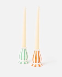 Green & Orange Striped Ceramic Candle Holders Set of Two