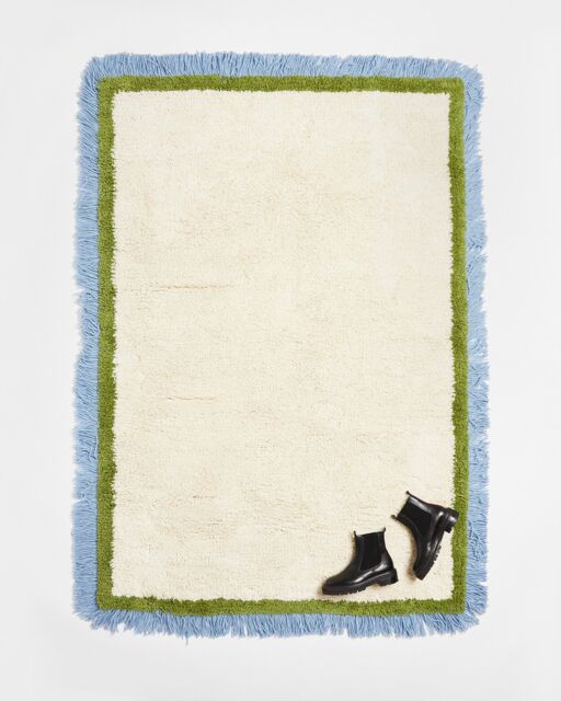 Danton Blue Fringed White Fluffy Rug 200x140cm