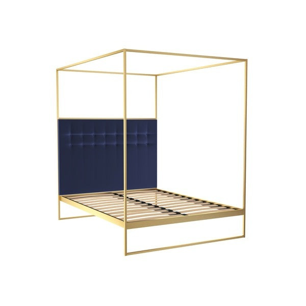 Gillmore Bed Federico Brass Frame & Canopy Midnight Blue Upholstered Headboard Bed / Double