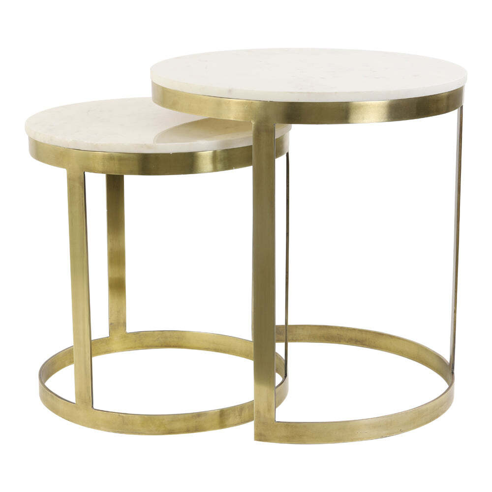 Light & Living Set of 2 Perlato Side Table Marble White And Ant Bronze - image 1