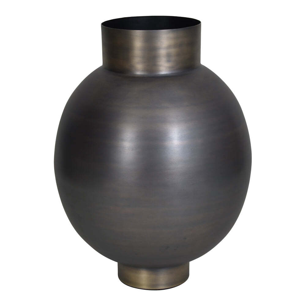 Libra Interiors Arizona Bulbous Burnished Metal Planter with Antique Brass Rim And Base