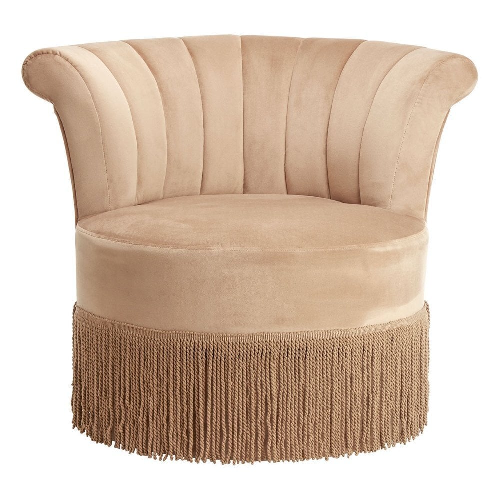 Olivia's Louie Swivel Round Accent Chair in Mink Velvet With Fringe - image 1