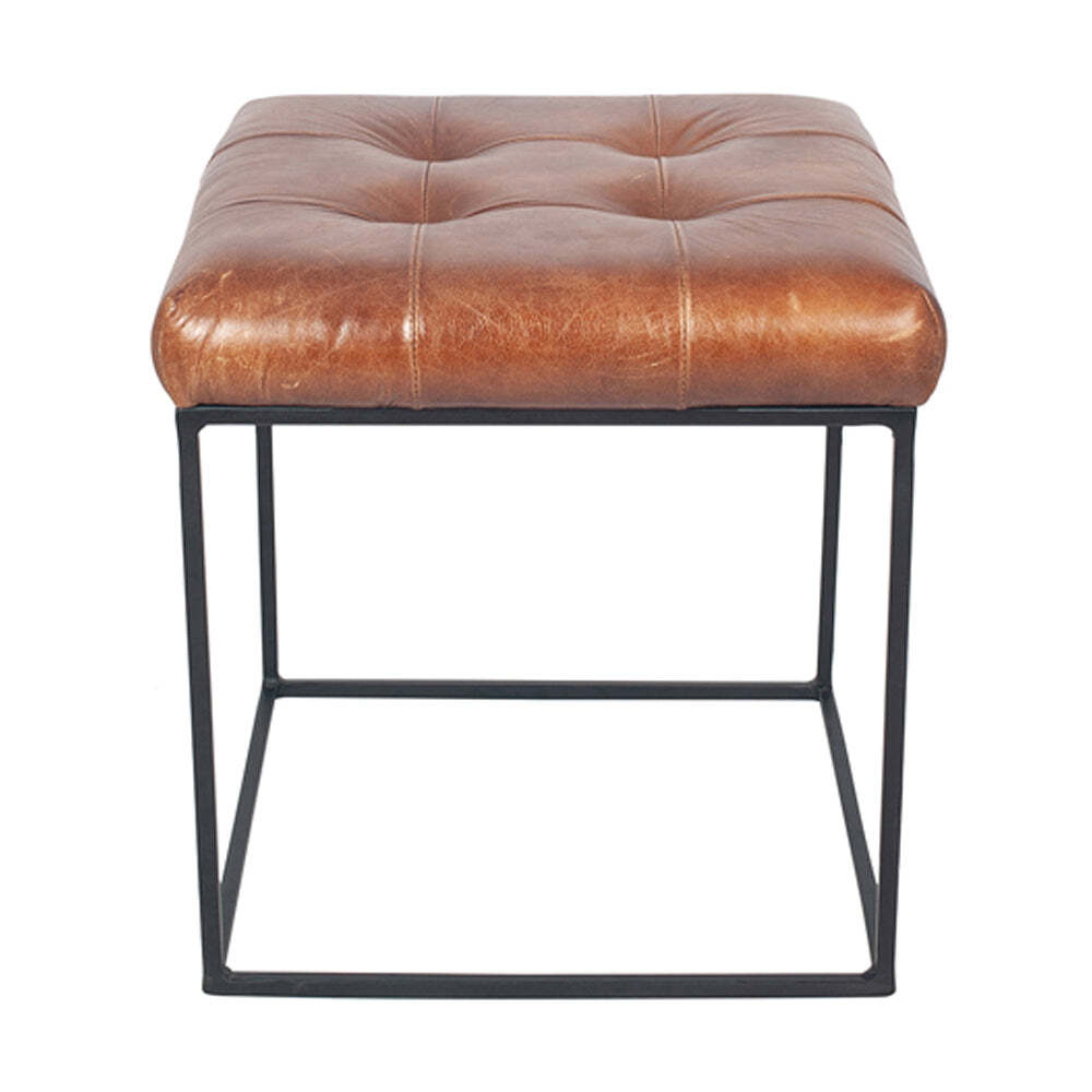 Olivia's Celina Vintage Leather and Iron Buttoned Stool in Brown - image 1