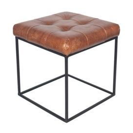 Olivia's Celina Vintage Leather and Iron Buttoned Stool in Brown - thumbnail 3