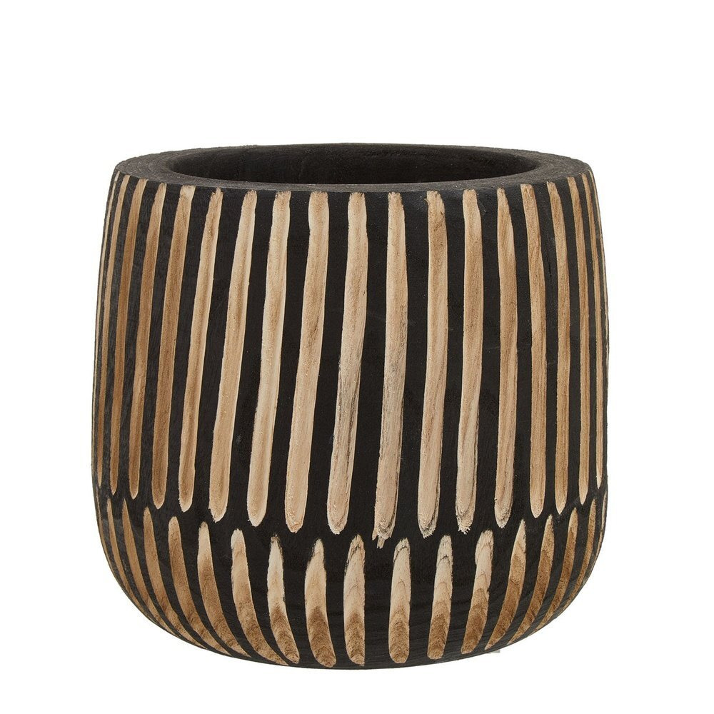 Olivia's Abia Small Engraved Wooden Planter in Black & Natural - Outlet
