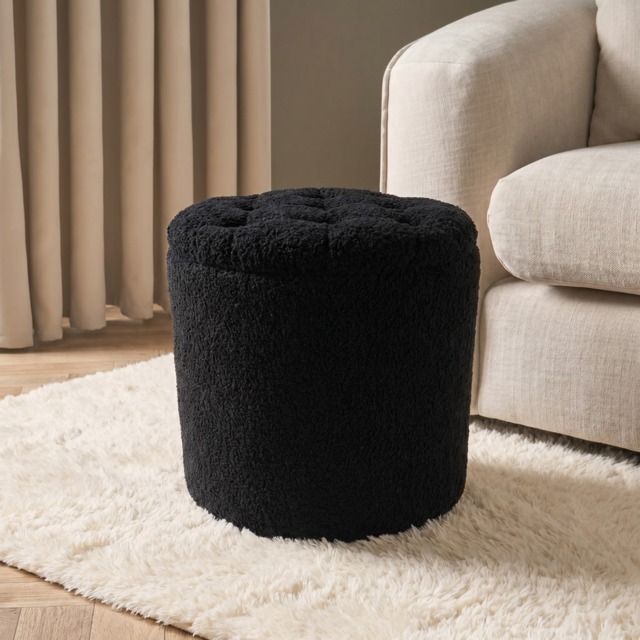 OHS Boucle Storage Ottoman with Buttons - Black - image 1