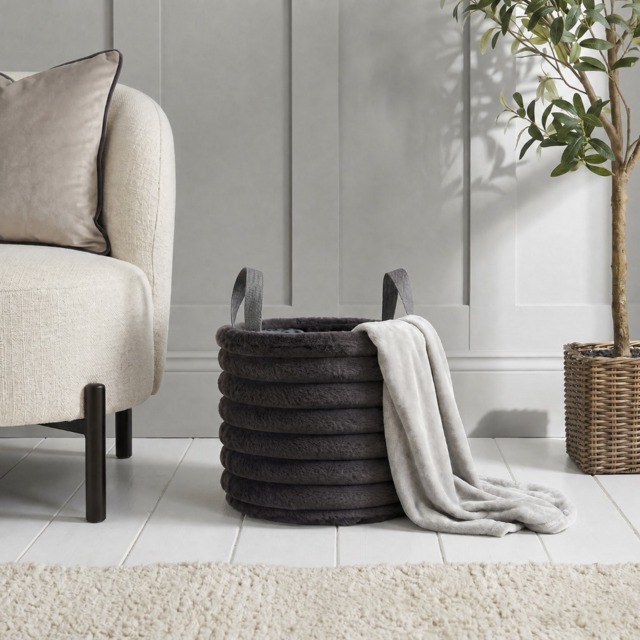 OHS Faux Fur Ribbed Storage Basket - Charcoal - image 1