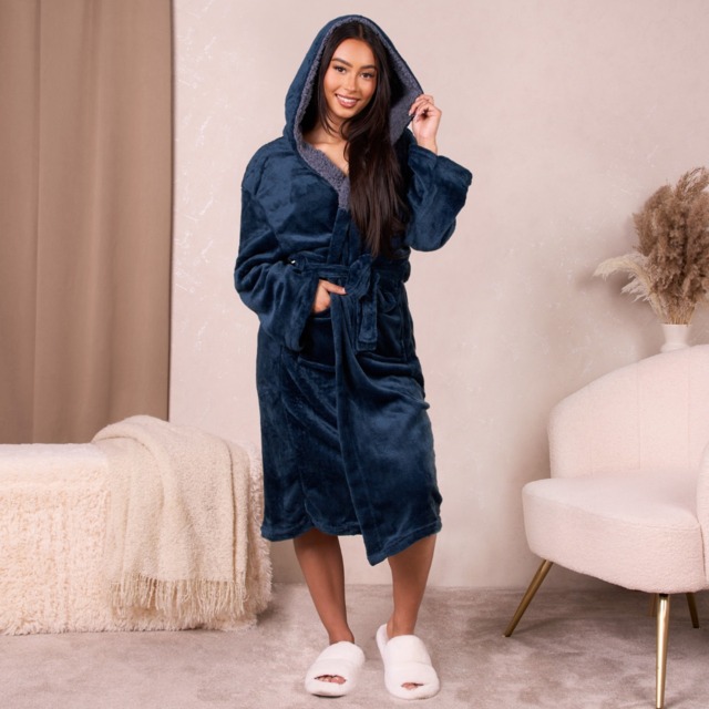OHS Hooded Sherpa Fleece Dressing Gown - Navy - image 1