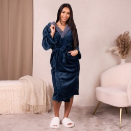 OHS Hooded Sherpa Fleece Dressing Gown - Navy - thumbnail 3