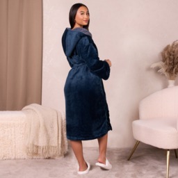 OHS Hooded Sherpa Fleece Dressing Gown - Navy - thumbnail 2