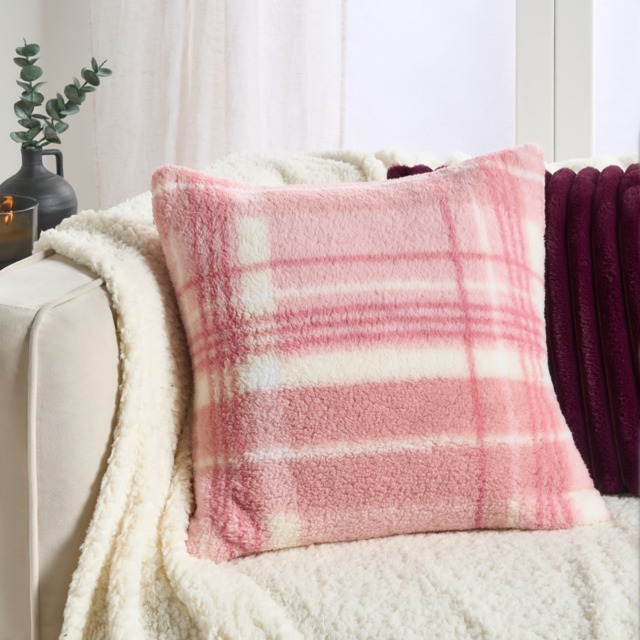 OHS Winter Check Teddy Cushion Covers, Blush - 45 x 45cm - image 1