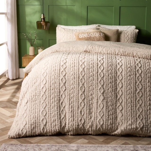 OHS Cable Knit Sherpa Fleece Duvet Cover Set, Natural - Double - image 1