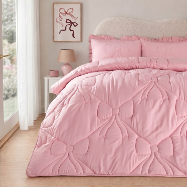 OHS Diamond Bow Quilted Coverless 7.5 Tog Duvet Set, Pink - Single - image 1