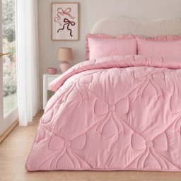 OHS Diamond Bow Quilted Coverless 7.5 Tog Duvet Set, Pink - Single - thumbnail 1